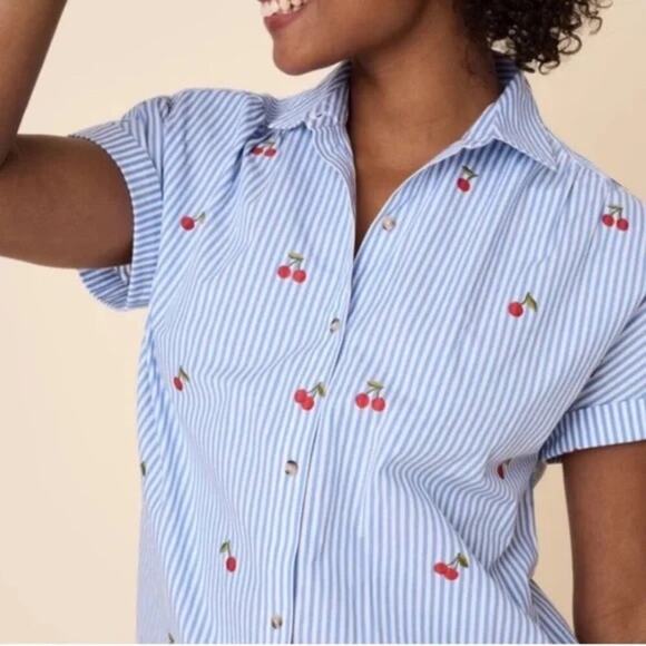 Embroidered Cherry Stripe Button Down Shirt Women's Medium Fruitcore Coquette - Picture 12 of 16
